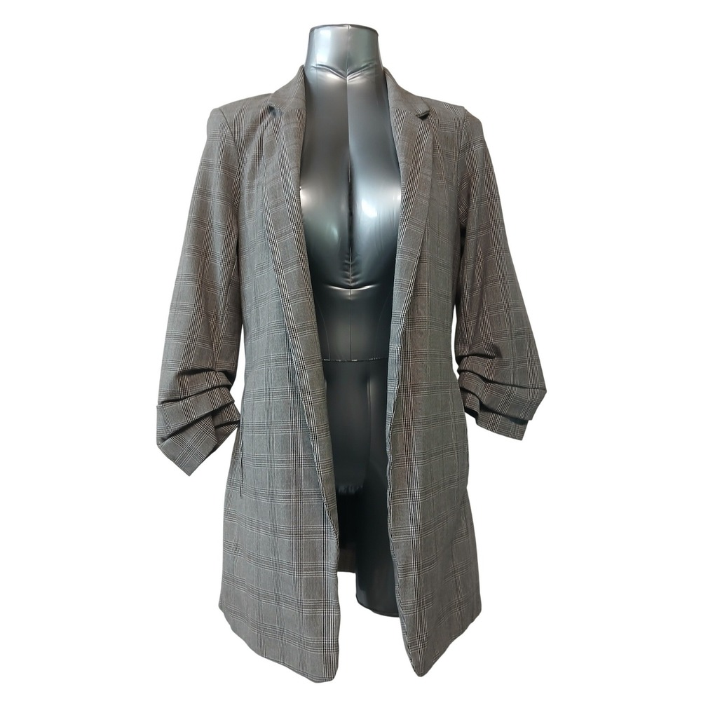 Rachel Zoe Womens Brown Glen Plaid Longline Ruched 3/4 Sleeve Open Blazer Size M